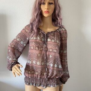 Decree Off The Shoulder Tie Front Elastic Waist Mauve White Rose Blouse Medium